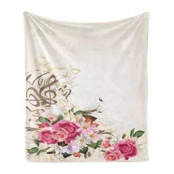 Мягкое фланелевое флисовое одеяло ABAKUHAUS Flowers, иллюстрированная композиция из весенних цветов и музыкальных нот, 175 x 230 см, разноцветная яичная скорлупа
