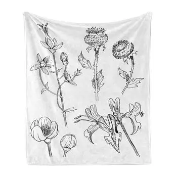 Мягкое фланелевое флисовое одеяло ABAKUHAUS Flowers, мимолетные цветущие цветы, уютный плюш для использования в помещении и на открытом воздухе, 125 x 175 см, угольно-серый белый