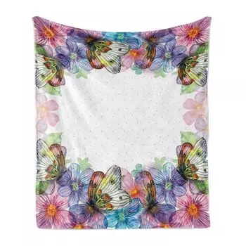 Мягкое фланелевое флисовое одеяло ABAKUHAUS Flowers, пастельные нежные бабочки, уютный плюш для использования в помещении и на улице, 125 x 175 см, разноцветное