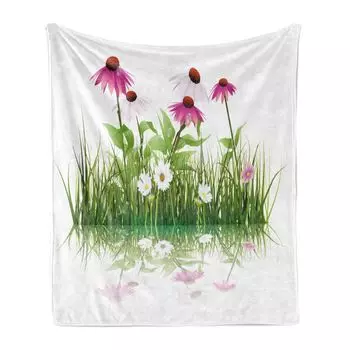 Мягкое фланелевое флисовое одеяло ABAKUHAUS Flowers, садовые цветы и трава, уютный плюш для использования в помещении и на открытом воздухе, 125 x 175 см, розово-зеленый и белый