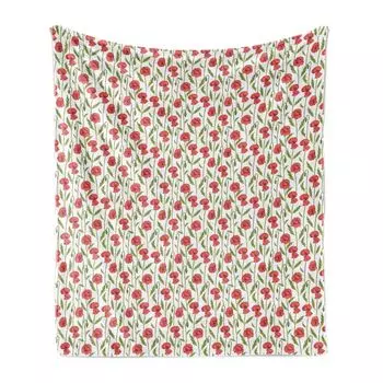 Мягкое фланелевое флисовое одеяло ABAKUHAUS Flowers, вертикальные полосы с цветком мака, уютный плюш для использования в помещении и на открытом воздухе, 125 x 175 см, темно-кораллово-оливково-зеленый