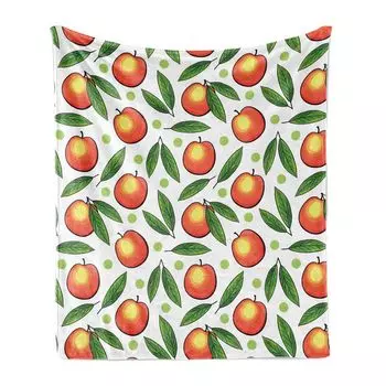Мягкое фланелевое флисовое одеяло ABAKUHAUS Fruits, персики с листьями и точками, уютный плюш для использования в помещении и на открытом воздухе, 125 x 175 см, киноварь белая и зеленый папоротник, белый