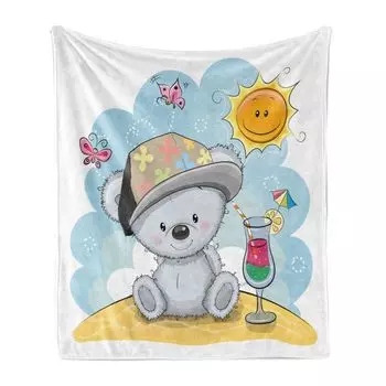 Мягкое фланелевое флисовое одеяло ABAKUHAUS Funny Bear, летняя иллюстрация с бабочками, улыбающимся солнцем и свежим коктейлем, 175 x 230 см, разноцветные