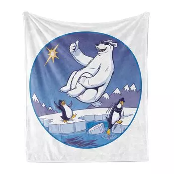 Мягкое фланелевое флисовое одеяло ABAKUHAUS Funny Bear, арктическая рамка Penguins, уютный плюш для использования в помещении и на открытом воздухе, 125 x 175 см, потолок цвета индиго, синий и белый