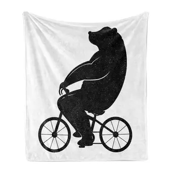 Мягкое фланелевое флисовое одеяло ABAKUHAUS Funny Bear, забавное животное на велосипеде, уютный плюш для использования в помещении и на улице, 125 x 175 см, темно-серый и белый