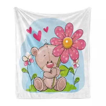 Мягкое фланелевое флисовое одеяло ABAKUHAUS Funny Bear, мультяшные плюшевые цветы, уютный плюш для использования в помещении и на улице, 125 x 175 см, разноцветное