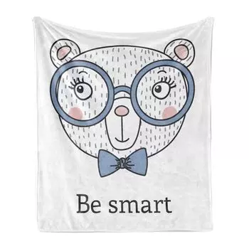 Мягкое фланелевое флисовое одеяло ABAKUHAUS Funny Bear, портрет с очками, уютный плюш для использования в помещении и на открытом воздухе, 125 x 175 см, румяный потолок, синий, белый