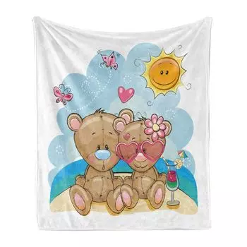 Мягкое фланелевое флисовое одеяло ABAKUHAUS Funny Bear, мультяшный дизайн из двух романтических медведей на пляже, счастливые пары в отпуске, 175 x 230 см, разноцветные