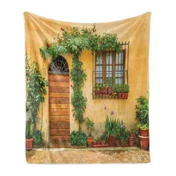 Мягкое фланелевое флисовое одеяло ABAKUHAUS Garden, растения и домашняя дверь, уютный плюш для использования в помещении и на открытом воздухе, 125 x 175 см, бледно-оранжевый, папоротниково-зеленый