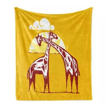 Мягкое фланелевое флисовое одеяло ABAKUHAUS Giraffe, эндемичные животные, африканская фауна, облака, солнечные лучи, племенной закат, графический принт, 175 x 230 см, земляно-желтый и рубиновый