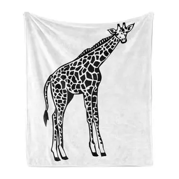Мягкое фланелевое флисовое одеяло ABAKUHAUS Giraffe, эскиз африканских млекопитающих, уютный плюш для использования в помещении и на улице, 125 x 175 см, белый и темно-серый