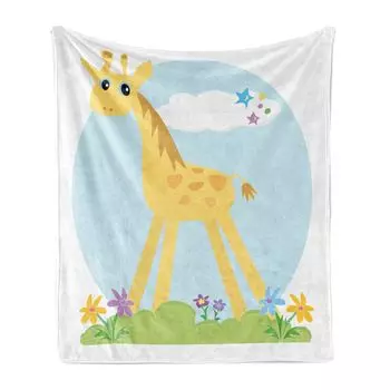 Мягкое фланелевое флисовое одеяло ABAKUHAUS Giraffe, детская тема, детское животное, уютный плюш для использования в помещении и на улице, 125 x 175 см, бело-горчичный, голубой, белый