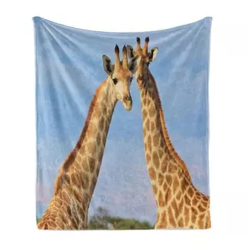 Мягкое фланелевое флисовое одеяло ABAKUHAUS Giraffe, фото пар диких животных, уютный плюш для использования в помещении и на улице, 125 x 175 см, бледно-голубой, многоцветный