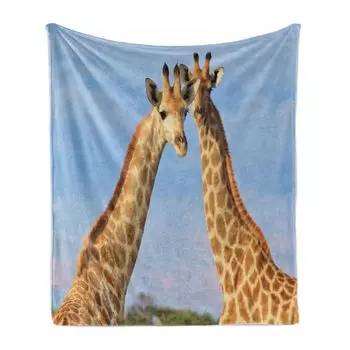 Мягкое фланелевое флисовое одеяло ABAKUHAUS Giraffe, фотография диких животных, пара облаков с эффектом размытой фотографии, 175 x 230 см, бледно-голубой, разноцветный