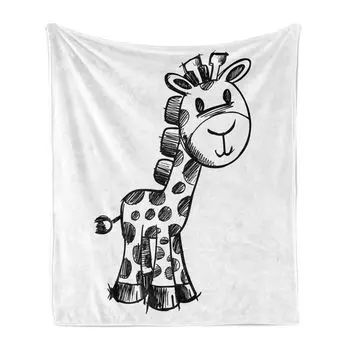 Мягкое фланелевое флисовое одеяло ABAKUHAUS Giraffe, монохромный детский рисунок африканской фауны на однотонном фоне, 175 x 230 см, угольно-серый и белый
