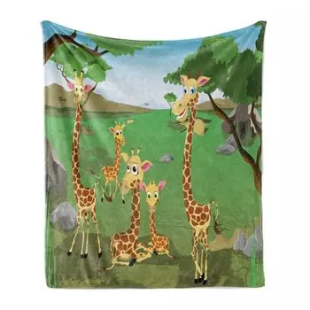 Мягкое фланелевое флисовое одеяло ABAKUHAUS Giraffe, мультфильм «Фауна саванны», уютный плюш для использования в помещении и на улице, 125 x 175 см, многоцветный зеленый папоротник