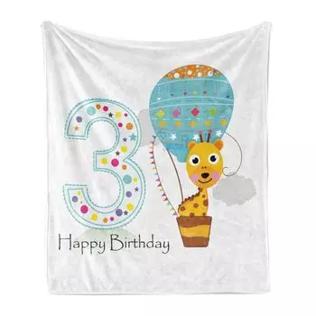 Мягкое фланелевое флисовое одеяло ABAKUHAUS Giraffe, с 3-м днем рождения на воздушном шаре, путешествие на воздушном шаре, мультфильм с длинной шеей, 175 x 230 см, белый и разноцветный