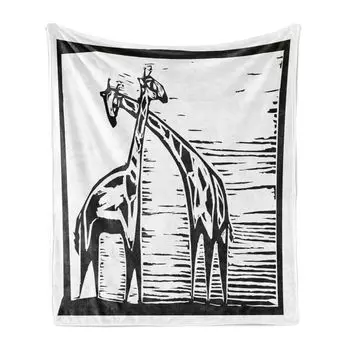 Мягкое фланелевое флисовое одеяло ABAKUHAUS Giraffe, стиль гравюры на дереве, эскиз фауны, эндемичные африканские животные, монохромный узор, 175 x 230 см, угольно-серый и белый