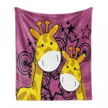 Мягкое фланелевое флисовое одеяло ABAKUHAUS Giraffe, звезды из мультфильма с животными, уютный плюш для использования в помещении и на улице, 125 x 175 см, темно-пурпурный и желтый