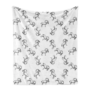 Мягкое фланелевое флисовое одеяло ABAKUHAUS Goat, эскиз горного козла, уютный плюш для использования в помещении и на открытом воздухе, 125 x 175 см, белый и темно-серый