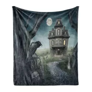 Мягкое фланелевое флисовое одеяло ABAKUHAUS Halloween, цифровая иллюстрация высокого дома с принтом «Старые деревья и вороны» из ямбостоуна, 175 x 230 см, многоцветное