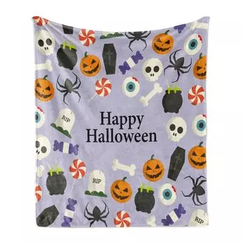 Мягкое фланелевое флисовое одеяло ABAKUHAUS Halloween, надпись «Счастливый Хэллоуин» со страшными символами и рисунком конфет, 175 x 230 см, разноцветный пастельно-фиолетовый цвет