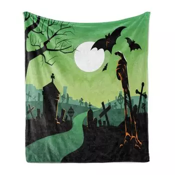 Мягкое фланелевое флисовое одеяло ABAKUHAUS Halloween, рука зомби на кладбище, уютный плюш для использования внутри и снаружи, 125 x 175 см, зеленый, черный и оранжевый