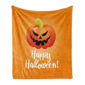 Мягкое фланелевое флисовое одеяло ABAKUHAUS Halloween, символ тыквы с жуткой улыбкой и белым каллиграфическим принтом, 175 x 230 см, оранжево-алый и салатовый лайм, оранжевый