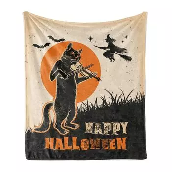 Мягкое фланелевое флисовое одеяло ABAKUHAUS Halloween, винтажный рисунок с изображением черной кошки, играющей на скрипке с ракеткой и ведьмой, 175 x 230 см, оранжевый, темно-серый, бежевый