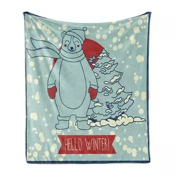 Мягкое фланелевое флисовое одеяло ABAKUHAUS, «Hello Winter Bear and Pine», уютный плюш для использования в помещении и на улице, 125 x 175 см, бледно-голубой киноварь и кремовый цвет