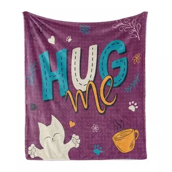 Мягкое фланелевое флисовое одеяло ABAKUHAUS Hug, милые веселые красочные рисунки милой кошачьей чашки, маленькие сердечки и надпись «Обними меня», 175 x 230 см, разноцветные