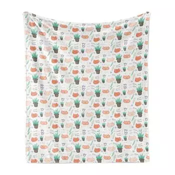 Мягкое фланелевое флисовое одеяло ABAKUHAUS Kitten, кошачья мордочка, рыба и растения, уютный плюш для использования в помещении и на улице, 125 x 175 см, лососевый и разноцветный, мультиколор