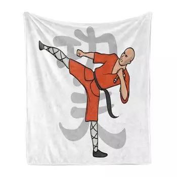 Мягкое фланелевое флисовое одеяло ABAKUHAUS Kung Fu, восточные боевые искусства, уютный плюш для использования в помещении и на открытом воздухе, 125 x 175 см, ярко-оранжево-серый