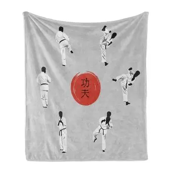 Мягкое фланелевое флисовое одеяло ABAKUHAUS Kung Fu, мужская одежда для карате, уютный плюш для использования в помещении и на открытом воздухе, 125 x 175 см, бледно-серый киноварь, черный