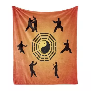 Мягкое фланелевое флисовое одеяло ABAKUHAUS Kung Fu, позы Инь Ян и карате, уютный плюш для использования в помещении и на улице, 125 x 175 см, коричнево-персиковый цвет