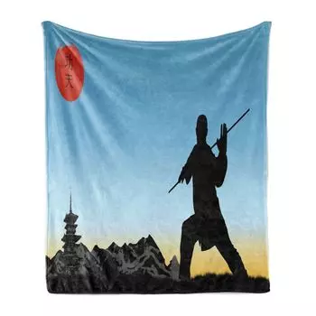 Мягкое фланелевое флисовое одеяло ABAKUHAUS Kung Fu, мужская техника каратэ, уютный плюш для использования в помещении и на открытом воздухе, 125 x 175 см, небесно-голубой, кока-серый