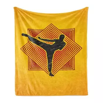 Мягкое фланелевое флисовое одеяло ABAKUHAUS Kung Fu, гранж-силуэт пинающего человека на вложенных квадратах, 175 x 230 см, антрацитово-серый киноварь, коричневый
