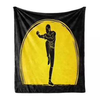 Мягкое фланелевое флисовое одеяло ABAKUHAUS Kung Fu, двухцветный дизайн - силуэт мужчины в позе восточного боевого искусства на круглой луне, 175 x 230 см, желтый антрацитовый серый