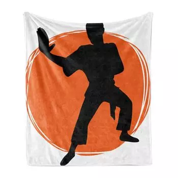 Мягкое фланелевое флисовое одеяло ABAKUHAUS Kung Fu, силуэт мужчины-каратэ в униформе на коленях, 175 x 230 см, оранжево-серый