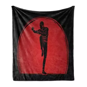 Мягкое фланелевое флисовое одеяло ABAKUHAUS Kung Fu, круглая поза мужского силуэта на спортивную тематику китайских боевых искусств, 175 x 230 см, антрацитово-серый ярко-красный