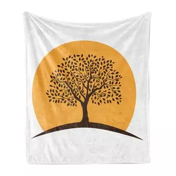 Мягкое фланелевое флисовое одеяло ABAKUHAUS Leaves, Tree of Life Botany Flora, уютный плюш для использования в помещении и на улице, 125 x 175 см, белый бледно-оранжевый