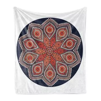 Мягкое фланелевое флисовое одеяло ABAKUHAUS Mandala, медальон в восточном стиле в стиле бохо, уютный плюш для использования в помещении и на улице, 125 x 175 см, темно-синий, ржавчина