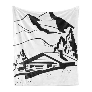 Мягкое фланелевое флисовое одеяло ABAKUHAUS Mountains, «Хижина в долине», уютный плюш для использования в помещении и на улице, 125 x 175 см, черный и белый