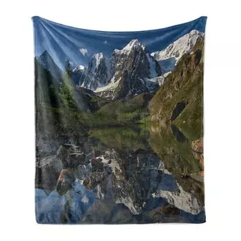 Мягкое фланелевое флисовое одеяло ABAKUHAUS Mountains, пасторальные снежные Альпы, уютный плюш для использования в помещении и на открытом воздухе, 125 x 175 см, зеленый белый