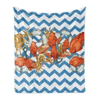 Мягкое фланелевое флисовое одеяло ABAKUHAUS Nautical, Fish Shell Ahoy Chevron, уютный плюш для использования в помещении и на улице, 125 x 175 см, разноцветное