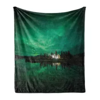 Мягкое фланелевое флисовое одеяло ABAKUHAUS Northern Lights, Lake House, уютный плюш для использования в помещении и на открытом воздухе, 125 x 175 см, морской зеленый, лесной зеленый
