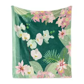 Мягкое фланелевое флисовое одеяло ABAKUHAUS Orchids, принт «Тропические букеты», Botanical Flourish Essence of the Jungle, 175 x 230 см, мятно-зеленый