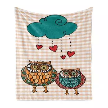 Мягкое фланелевое флисовое одеяло ABAKUHAUS Owl, «Влюбленные птичьи пары», «Дождевое облако», уютный плюш для использования в помещении и на улице, 125 x 175 см, бирюзовый и персиковый