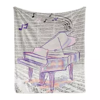 Мягкое фланелевое флисовое одеяло ABAKUHAUS Piano, дизайн музыкальных нот, абстрактное искусство, нарисованная вручную композиция с каракулями, двухцветный принт, 175 x 230 см, бежевый и фиолетовый
