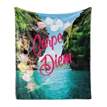 Мягкое фланелевое флисовое одеяло ABAKUHAUS Proverb, фотография типографии Carpe Diem на тропическом пейзаже с океаном и скалами, 175 x 230 см, многоцветное